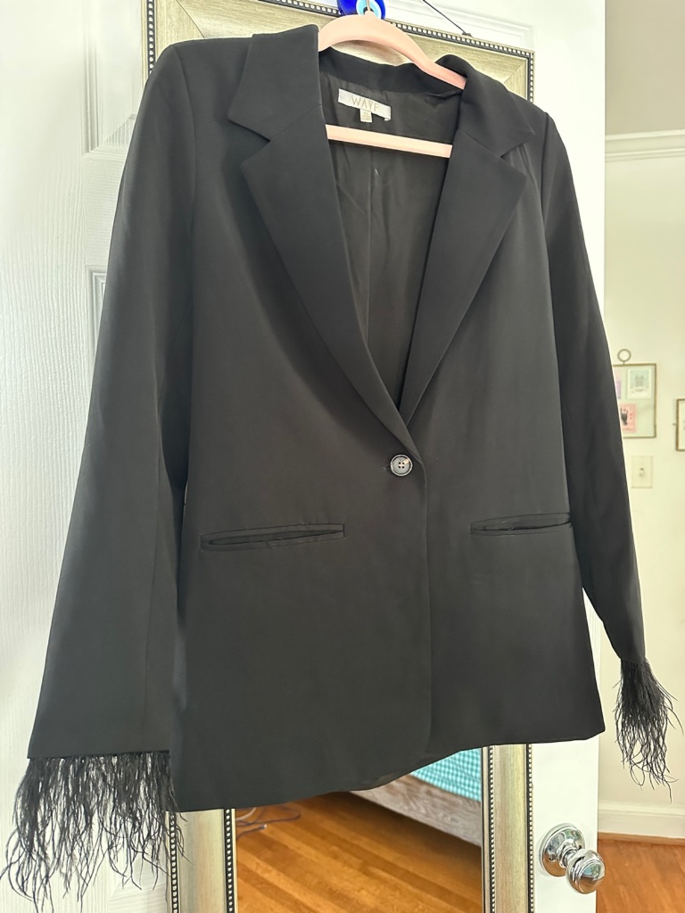 Wayf Black Feather-Trim Single-Button Blazer
